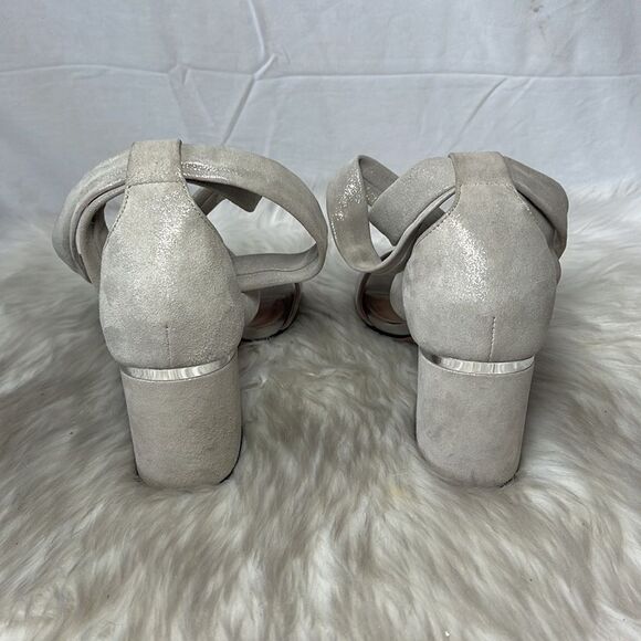 Lewit Metallic Tan Ankle Wrap Suede Block Heel Sandals Sz 37.5/7.5 - Picture 3 of 6